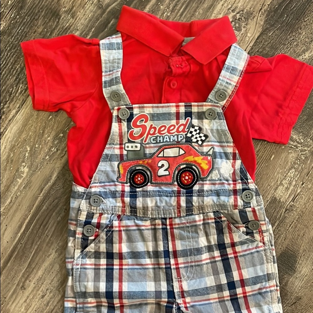 GUC: 12mo RW&B plaid overall/polo